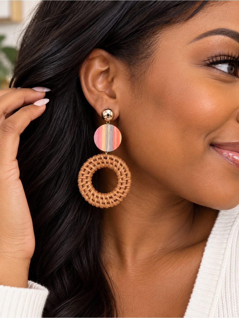 Boho Pink Striped & Woven Hoop Drop Earrings